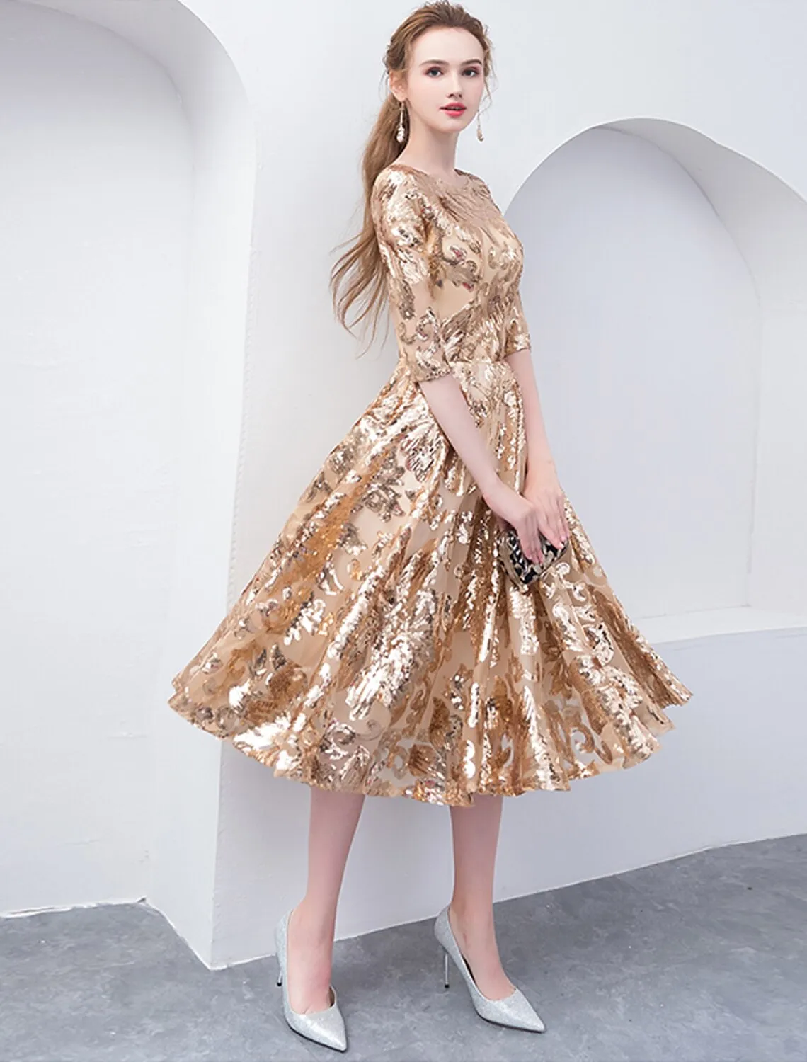 Luolandi A-Line Cocktail Dresses Party Dress Holiday Wedding Guest Tea Length Half Sleeve Jewel Neck