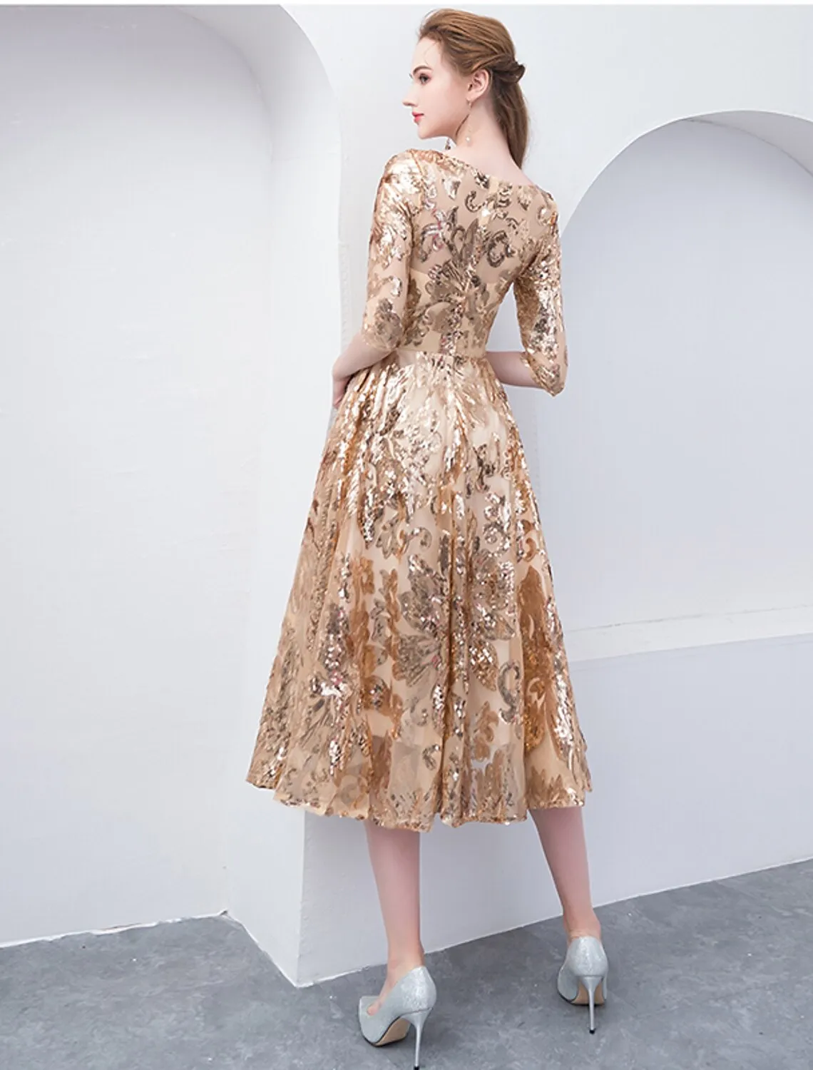 Luolandi A-Line Cocktail Dresses Party Dress Holiday Wedding Guest Tea Length Half Sleeve Jewel Neck