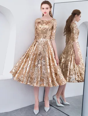 Luolandi A-Line Cocktail Dresses Party Dress Holiday Wedding Guest Tea Length Half Sleeve Jewel Neck