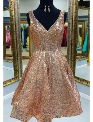 Luolandi A-Line Homecoming Dresses Sparkle & Shine Dress Graduation Tea Length Sleeveless V Neck Pink Dress Sequined