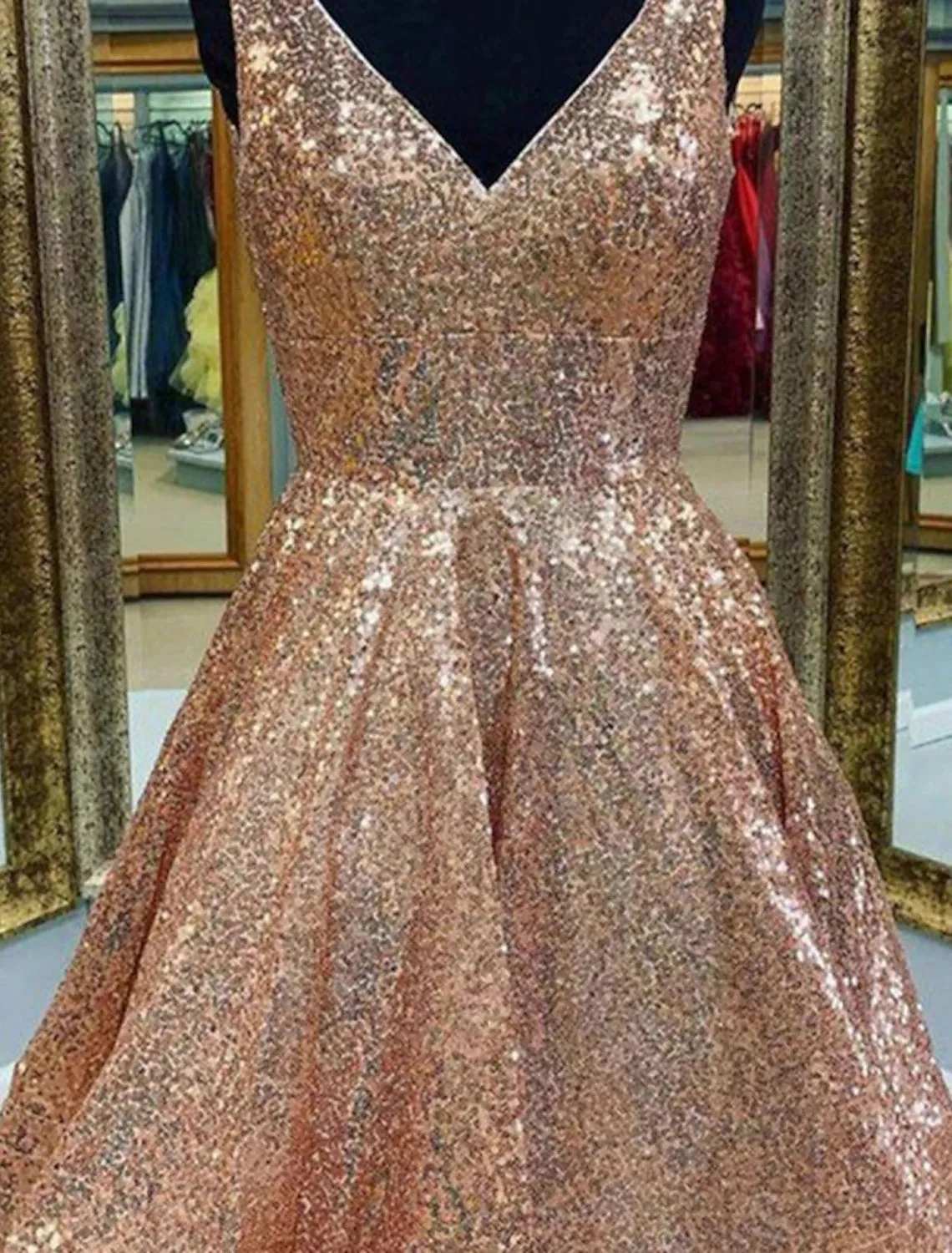 Luolandi A-Line Homecoming Dresses Sparkle & Shine Dress Graduation Tea Length Sleeveless V Neck Pink Dress Sequined