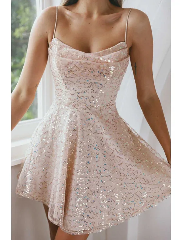 Luolandi A-Line Homecoming Dresses Sparkle & Shine Dress Party Wear Cocktail Party Short / Mini Sleeveless Spaghetti Strap Pink Dress Sequined