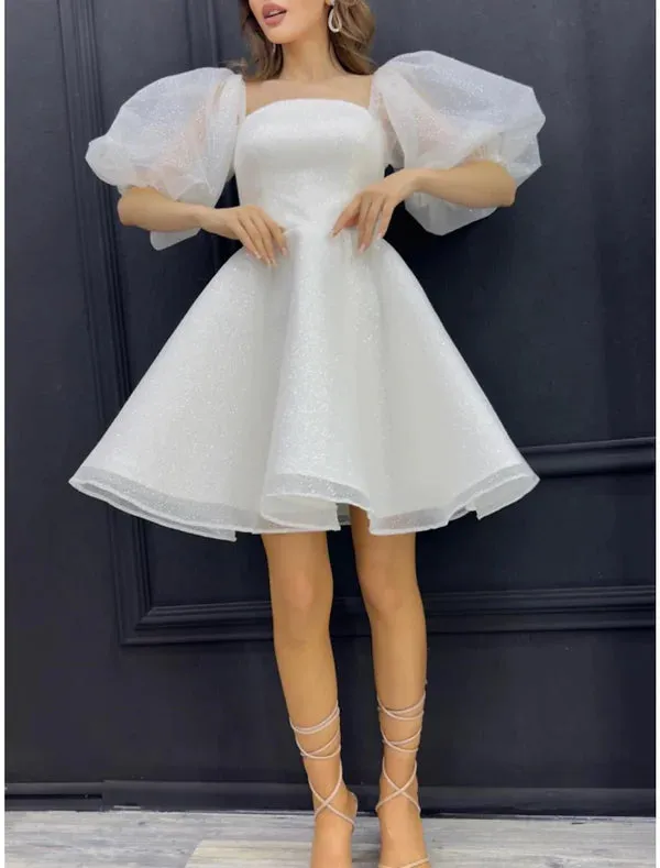 Luolandi A-Line Homecoming Dresses Sparkle Dress Homecoming Short / Mini Half Sleeve Square Neck Sequined with Glitter