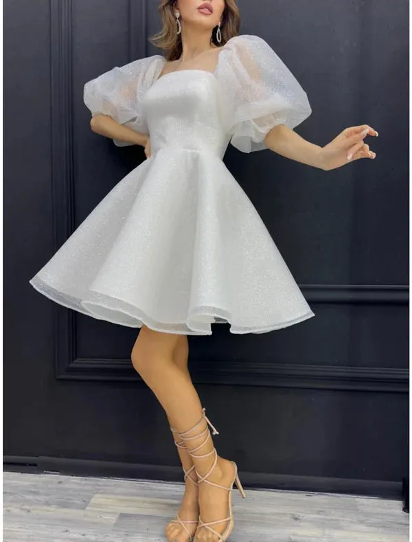 Luolandi A-Line Homecoming Dresses Sparkle Dress Homecoming Short / Mini Half Sleeve Square Neck Sequined with Glitter