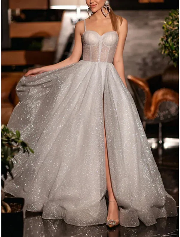 Luolandi A-Line Prom Dresses Elegant Dress Formal Floor Length Sleeveless Sweetheart Sequined with Glitter Pleats Slit Sparkly Evening Dress