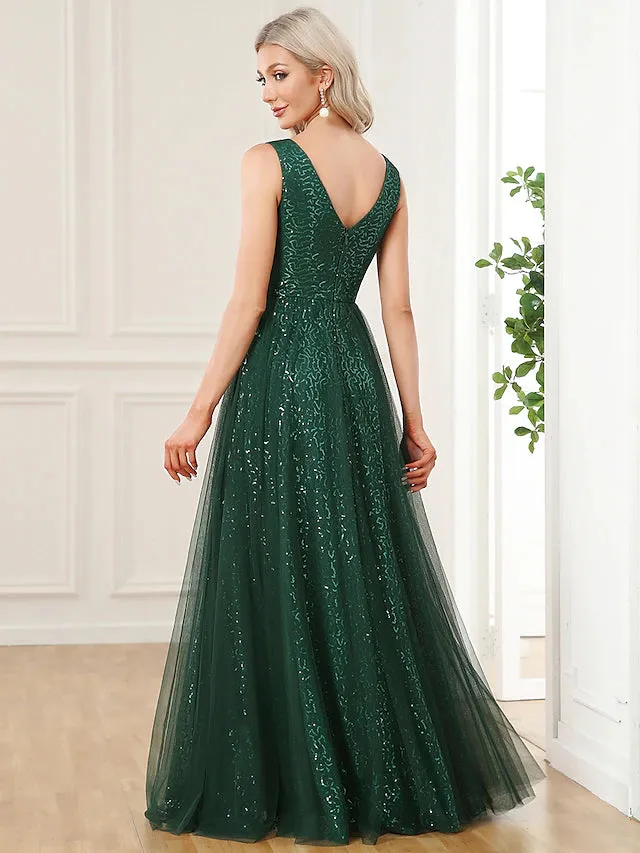 Luolandi A-Line Prom Dresses Elegant Dress Party Wear Floor Length Sleeveless V Neck Sequined V Back