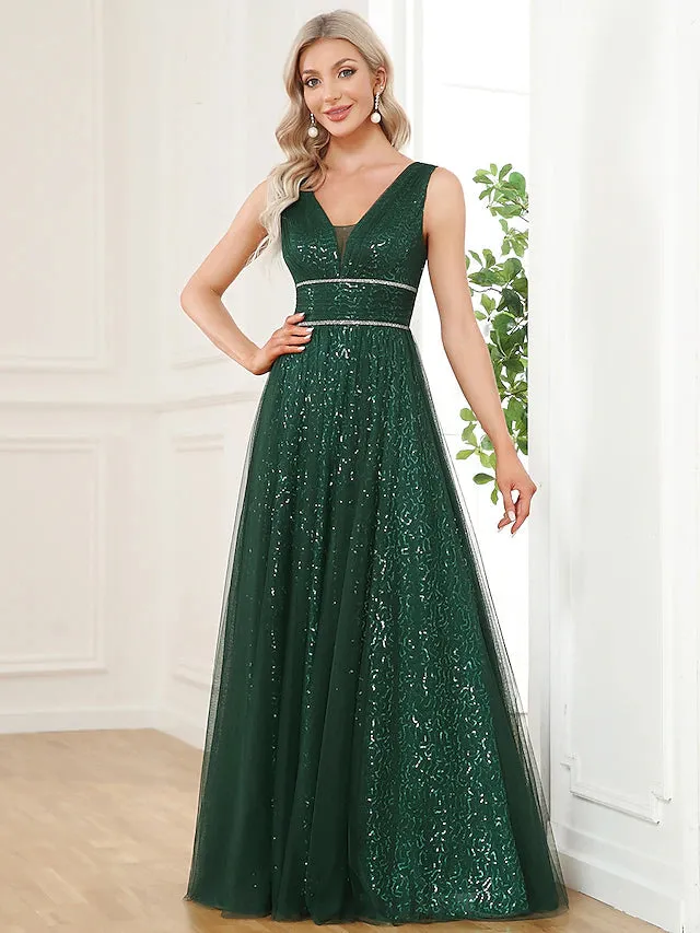 Luolandi A-Line Prom Dresses Elegant Dress Party Wear Floor Length Sleeveless V Neck Sequined V Back