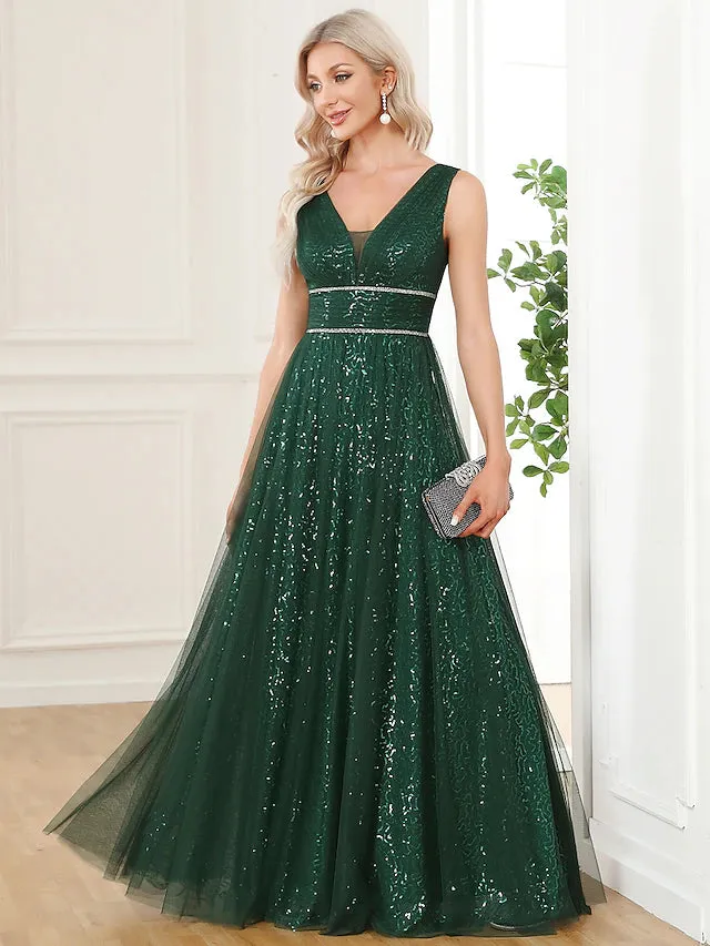 Luolandi A-Line Prom Dresses Elegant Dress Party Wear Floor Length Sleeveless V Neck Sequined V Back