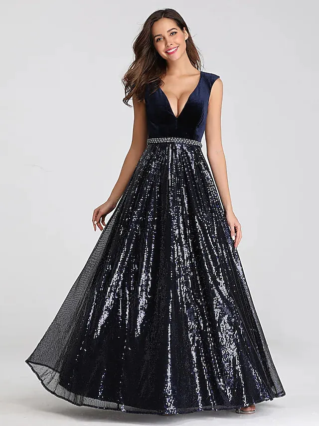 Luolandi A-Line Prom Dresses Elegant Dress Prom Floor Length Sleeveless Plunging Neck Sequined with Sash