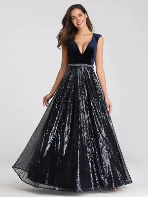 Luolandi A-Line Prom Dresses Elegant Dress Prom Floor Length Sleeveless Plunging Neck Sequined with Sash