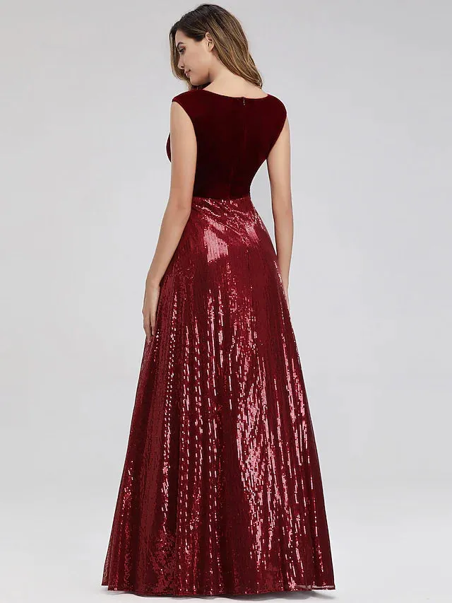 Luolandi A-Line Prom Dresses Elegant Dress Prom Floor Length Sleeveless Plunging Neck Sequined with Sash