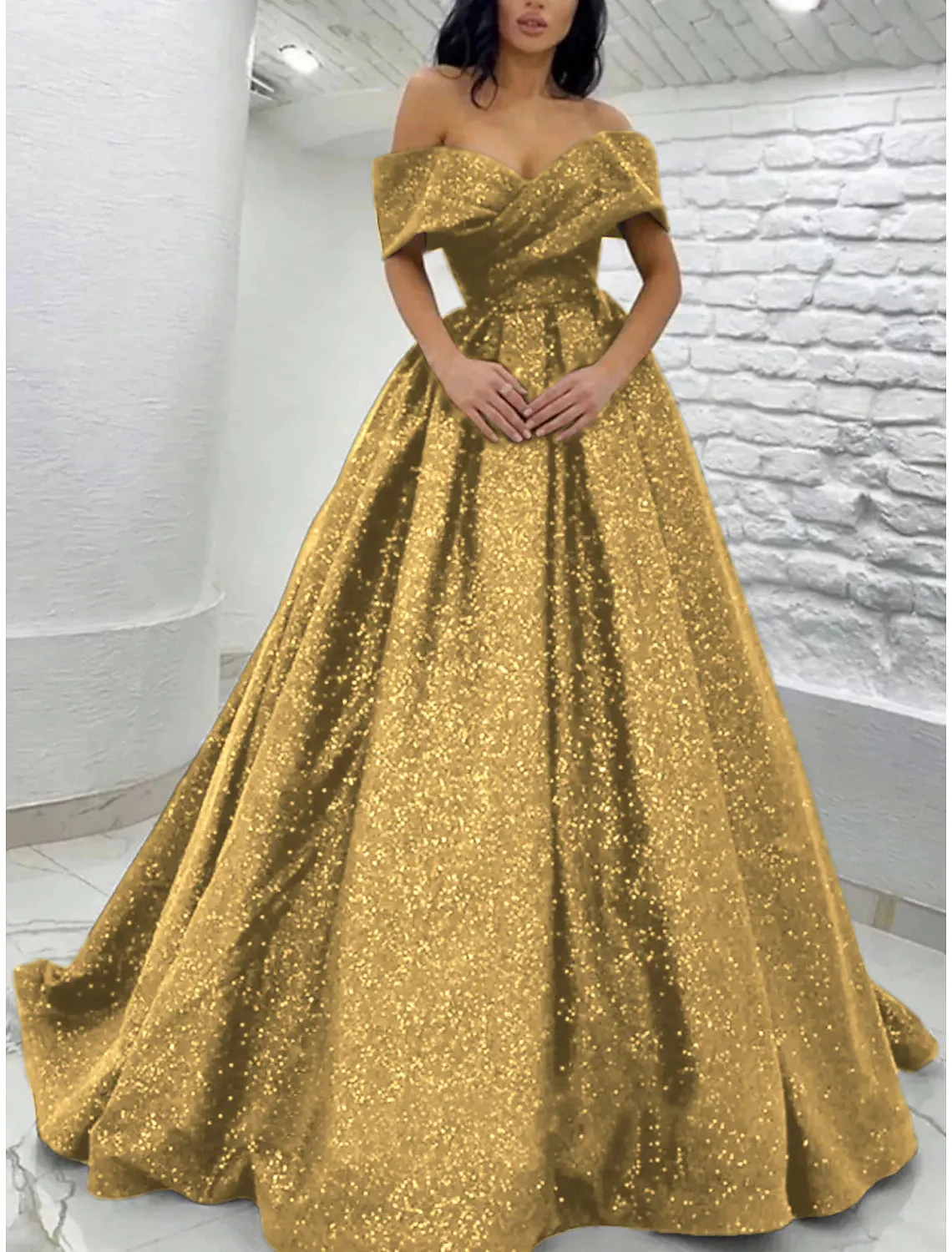 Luolandi A-Line Prom Dresses Elegant Dress Tie Gala Sweep / Brush Train Short Sleeve Off Shoulder Sequined Sparkly Evening Dress