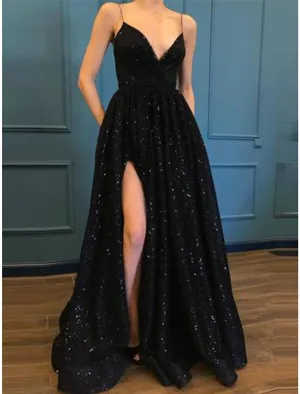 Luolandi A-Line Prom Dresses Glittering Dress Party Wear Floor Length Sleeveless V Neck Sequined