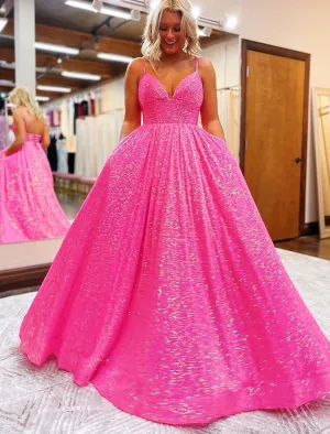 Luolandi A-Line Prom Dresses Sparkle & Shine Dress Formal Sweep / Brush Train Sleeveless V Neck Sequined Backless with Pleats