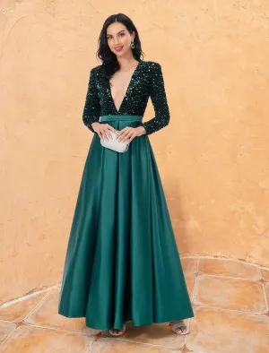 Luolandi Ball Gown Cocktail Dresses Sparkle & Shine Dress Wedding Party Floor Length Long Sleeve V Neck Sequined Evening Dress