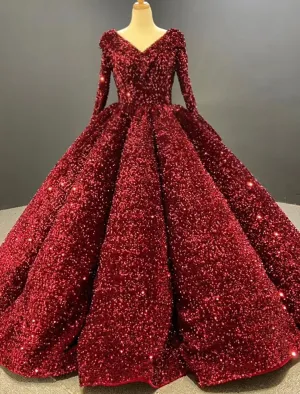 Luolandi Ball Gown Prom Dresses Luxurious Dress Quinceanera Floor Length Long Sleeve V Neck Sequined with Pleats