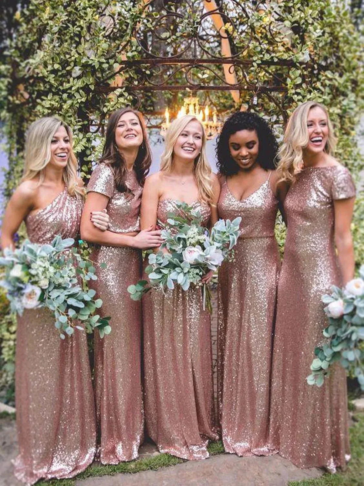 Luolandi Gold Rose Sequined Long Bridesmaid Dresses Charming Evening Party Dress