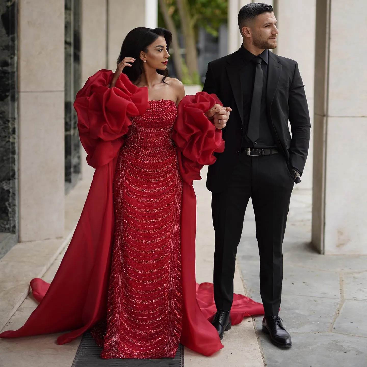 Luxury Pearl Red Evening Dress with 3D Flowers Cape SS585