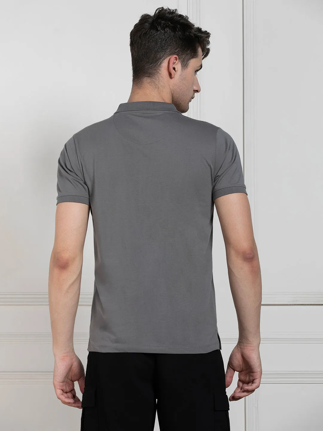 Men's Charcoal Polo Collar Solid Regular Fit T-Shirt