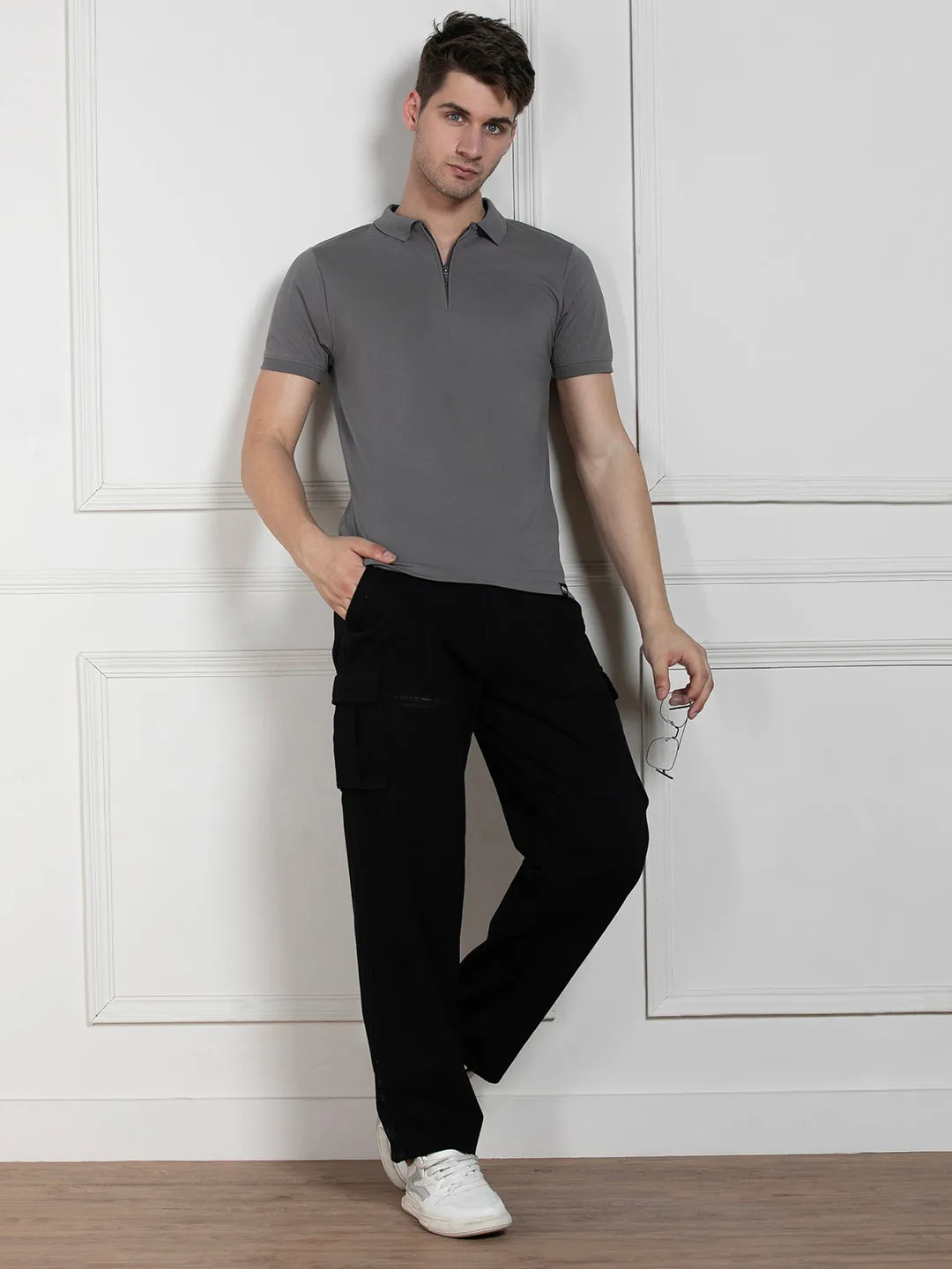 Men's Charcoal Polo Collar Solid Regular Fit T-Shirt