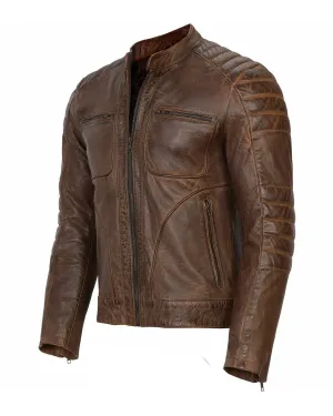 Mens Vintage Cafe Racer Brown Genuine Leather Jacket Slim Fit Biker Jacket