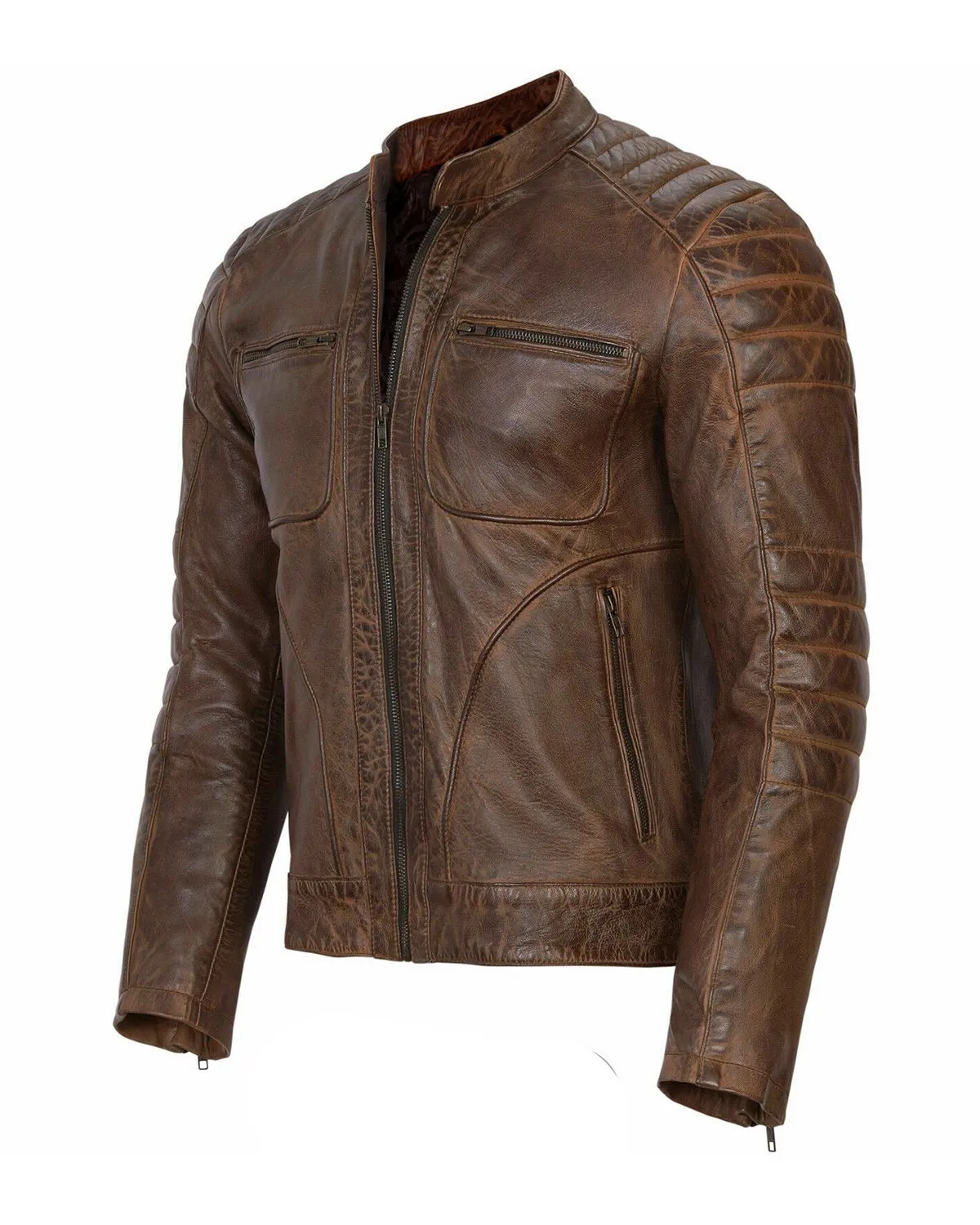 Mens Vintage Cafe Racer Brown Genuine Leather Jacket Slim Fit Biker Jacket