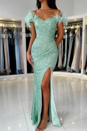 Off The Shoulder Light Green Split Front Prom Dress with Sequins