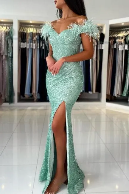 Off The Shoulder Light Green Split Front Prom Dress with Sequins