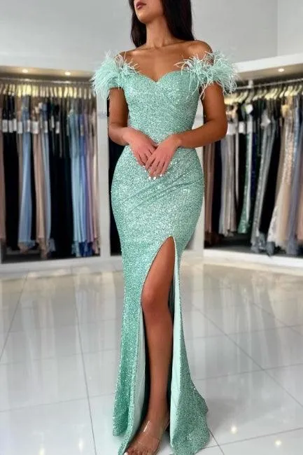 Off The Shoulder Light Green Split Front Prom Dress with Sequins