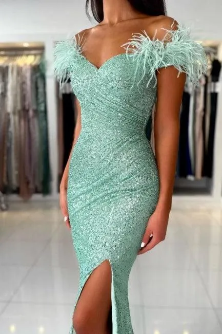 Off The Shoulder Light Green Split Front Prom Dress with Sequins