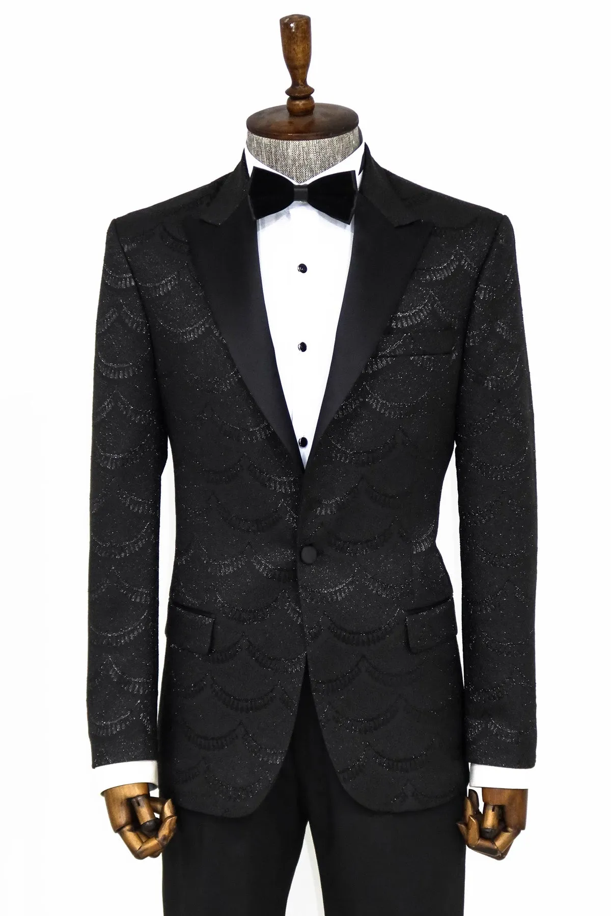 Patterned Slim Fit Black Men Dinner Blazer - Wessi