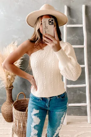 Timeless Essence One Shoulder Cable Knit Sweater (Ivory)