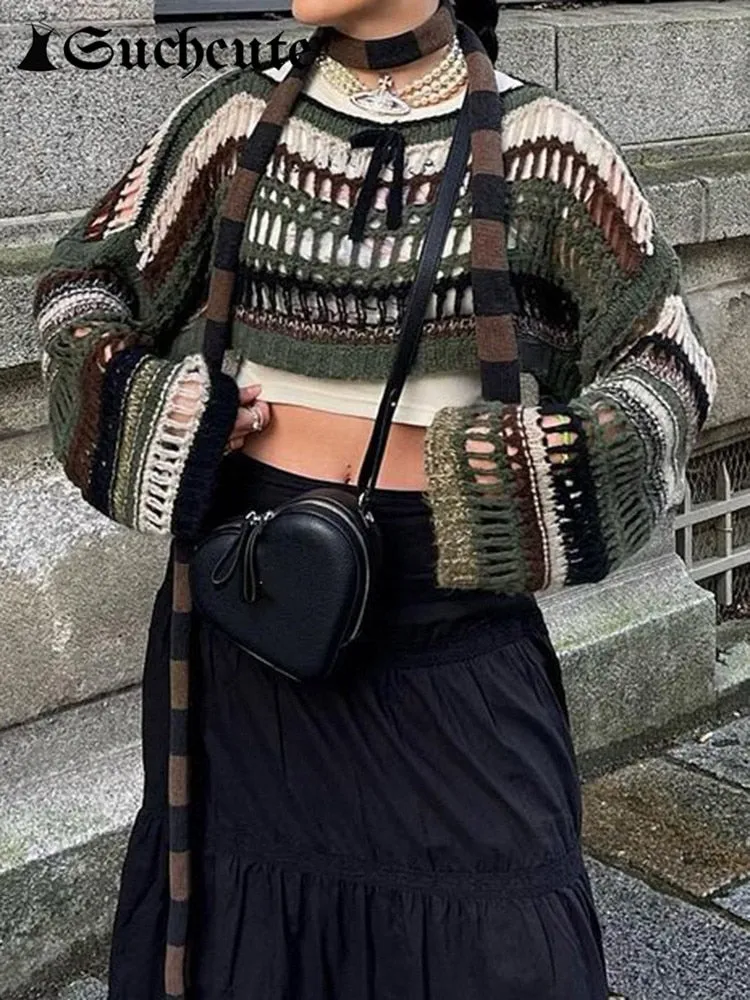 Women's Striped Fishnet Sweaters Hollow Out  Grunge Goth Crop Sweater