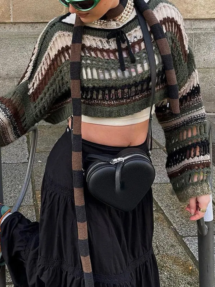 Women's Striped Fishnet Sweaters Hollow Out  Grunge Goth Crop Sweater