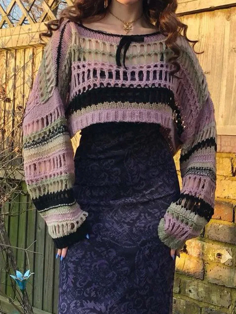 Women's Striped Fishnet Sweaters Hollow Out  Grunge Goth Crop Sweater