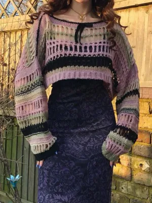 Women's Striped Fishnet Sweaters Hollow Out  Grunge Goth Crop Sweater