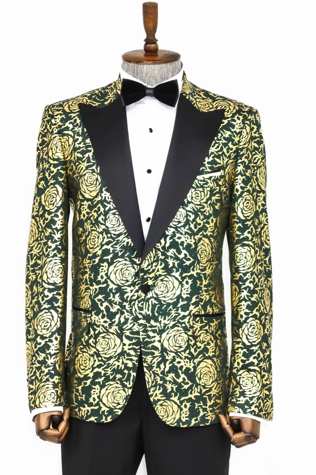 WSS Gold Rose Patterned Slim Fit Green Men Prom Blazer  - Singen