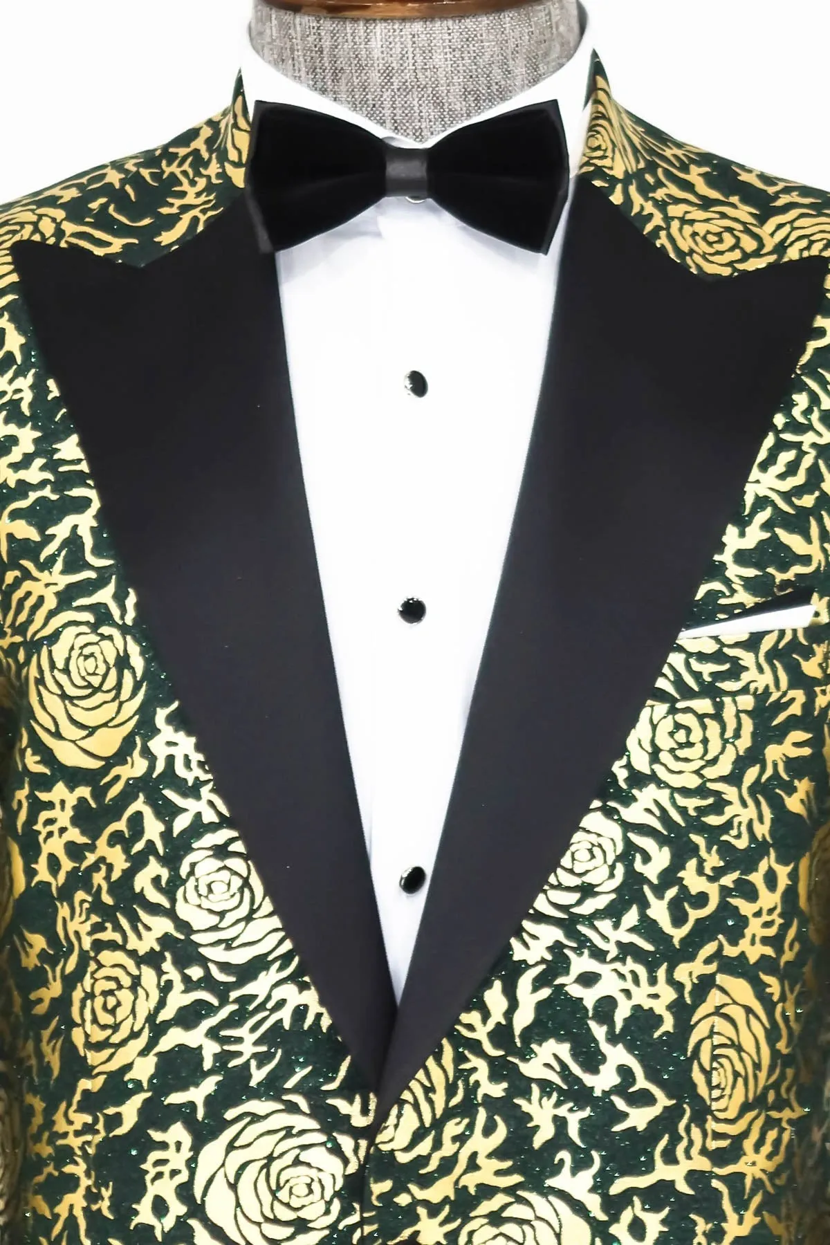 WSS Gold Rose Patterned Slim Fit Green Men Prom Blazer  - Singen