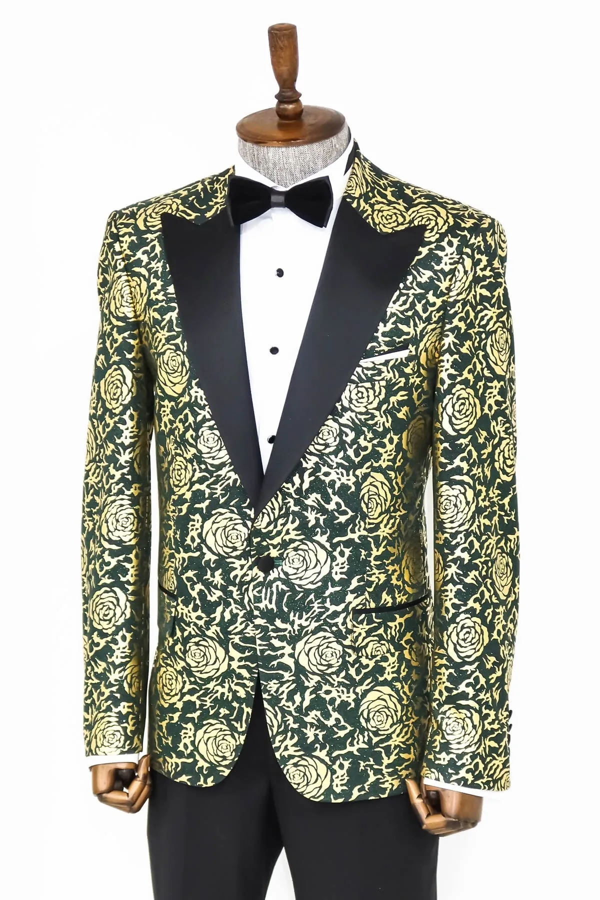 WSS Gold Rose Patterned Slim Fit Green Men Prom Blazer  - Singen
