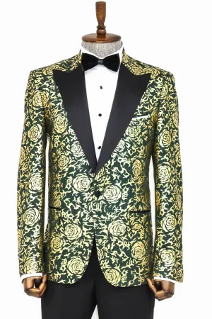 WSS Gold Rose Patterned Slim Fit Green Men Prom Blazer  - Singen